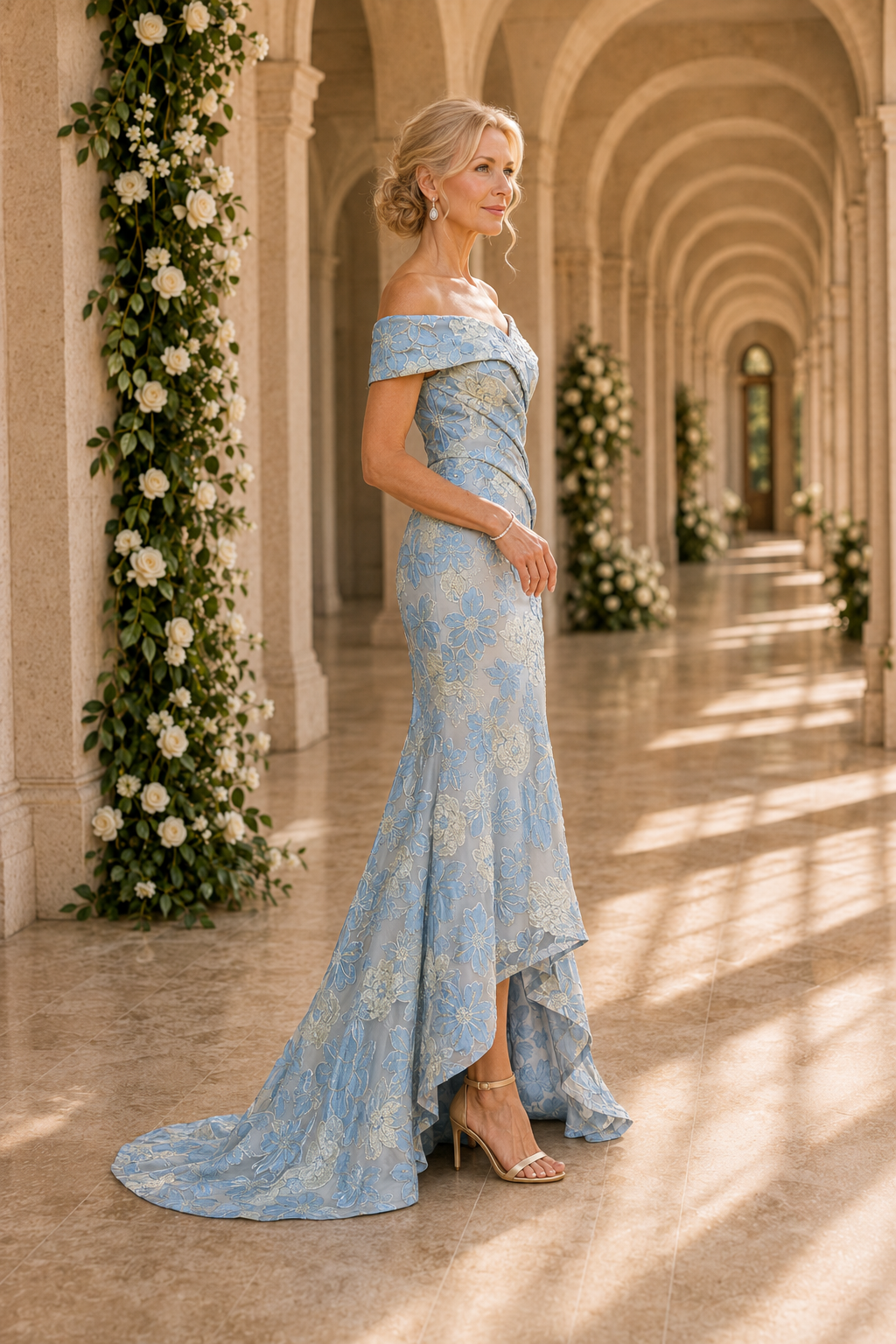 Schulterfreies, geblümtes High-Low-Abendkleid
