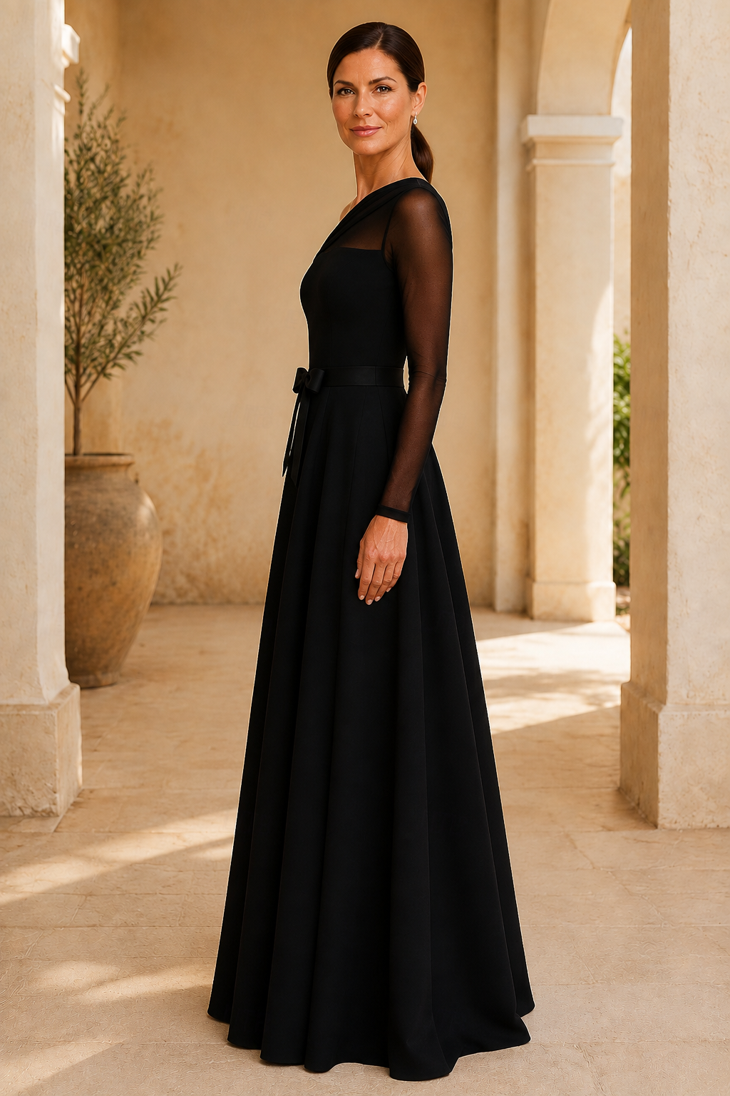 Asymmetrisches A-Linien-Kleid mit langen Ärmeln und Illusionseinsatz an einer Schulter