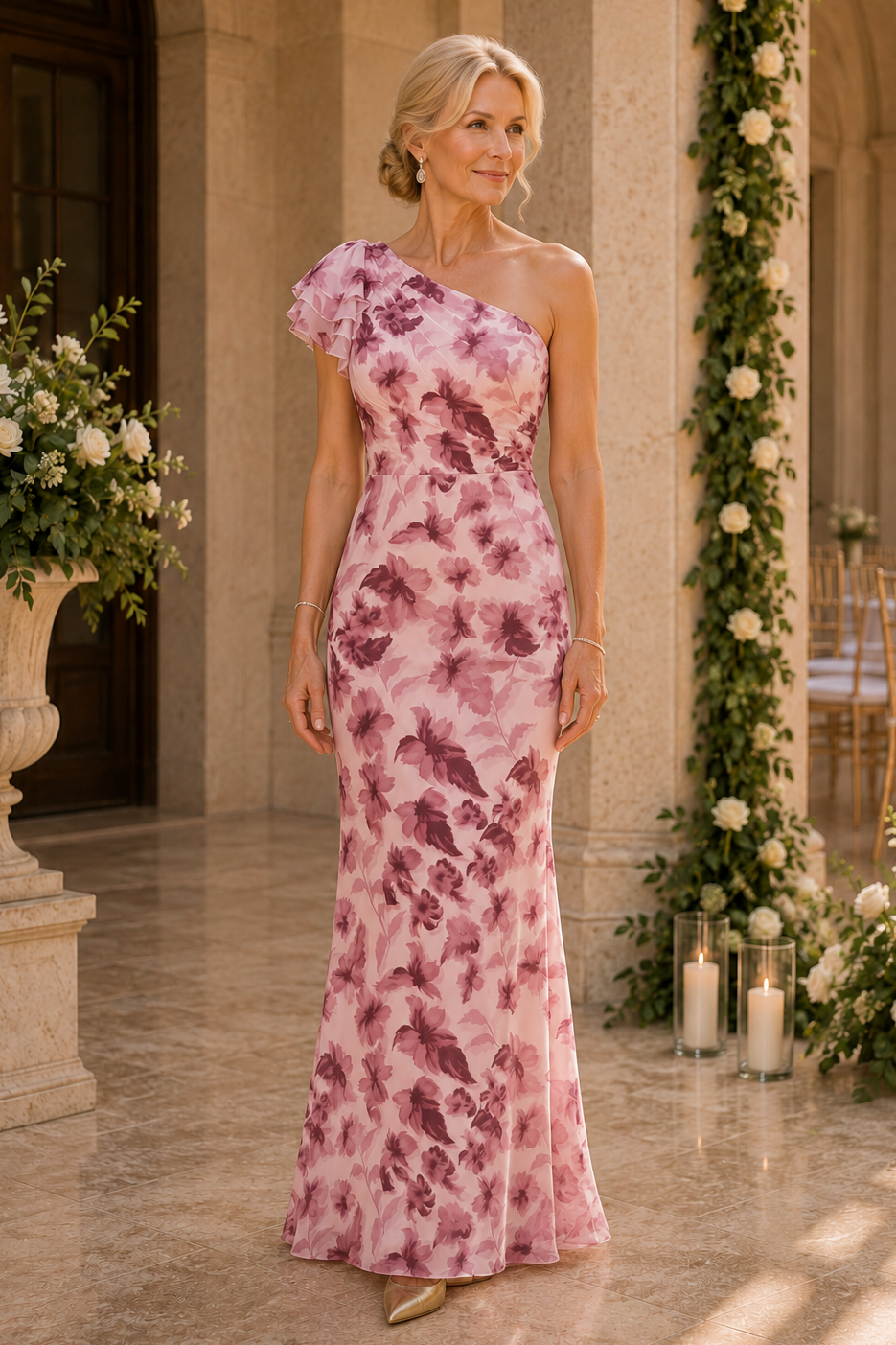 Geblümtes, schulterfreies Rüschen-Maxikleid