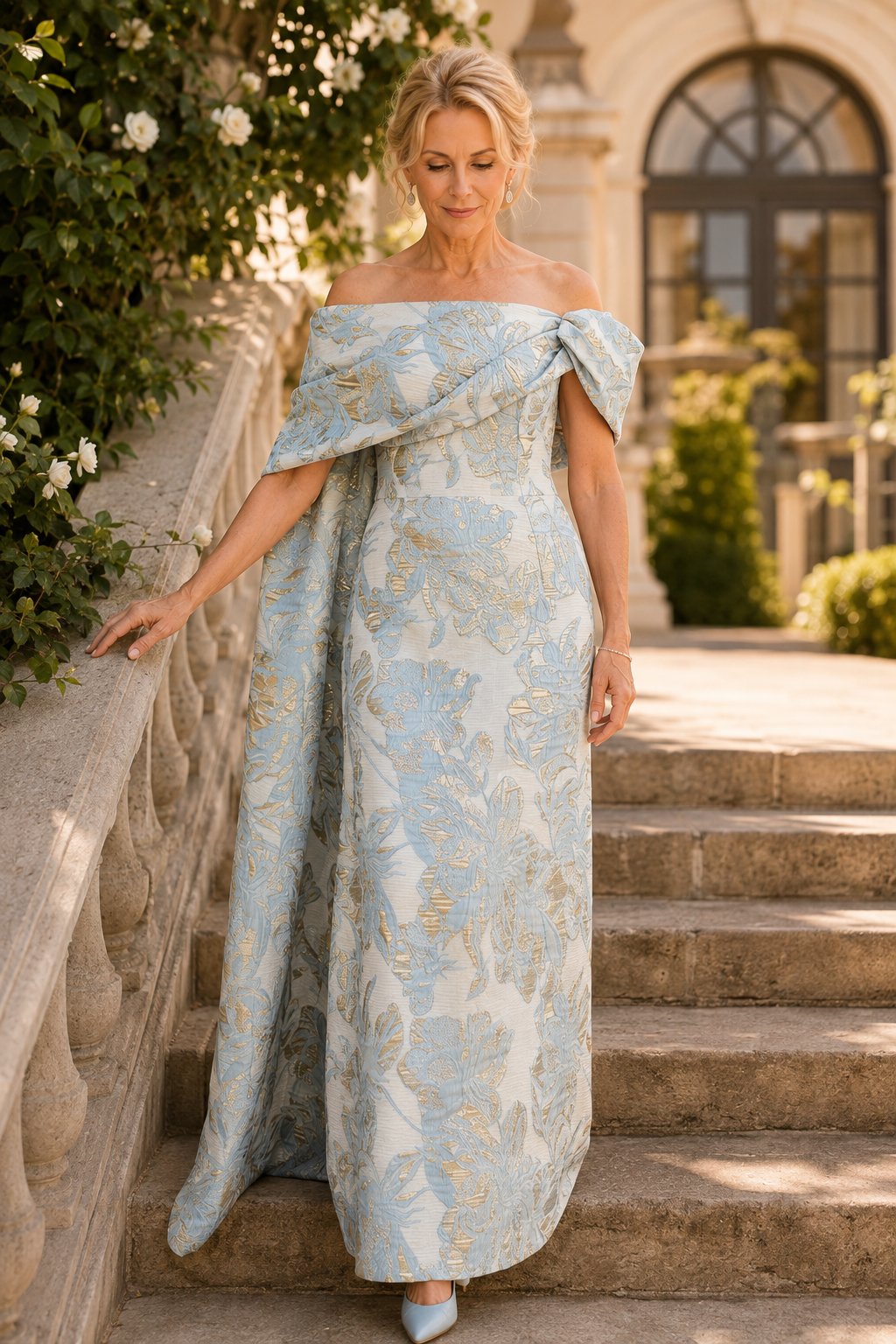 Ärmelloses Brokatkleid mit drapiertem Cape
