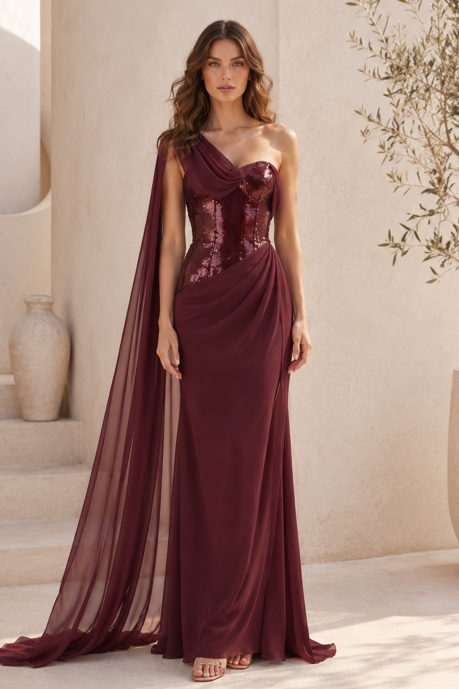 Ein-Schulter-Pailletten-Korsett-Abendkleid mit Cape