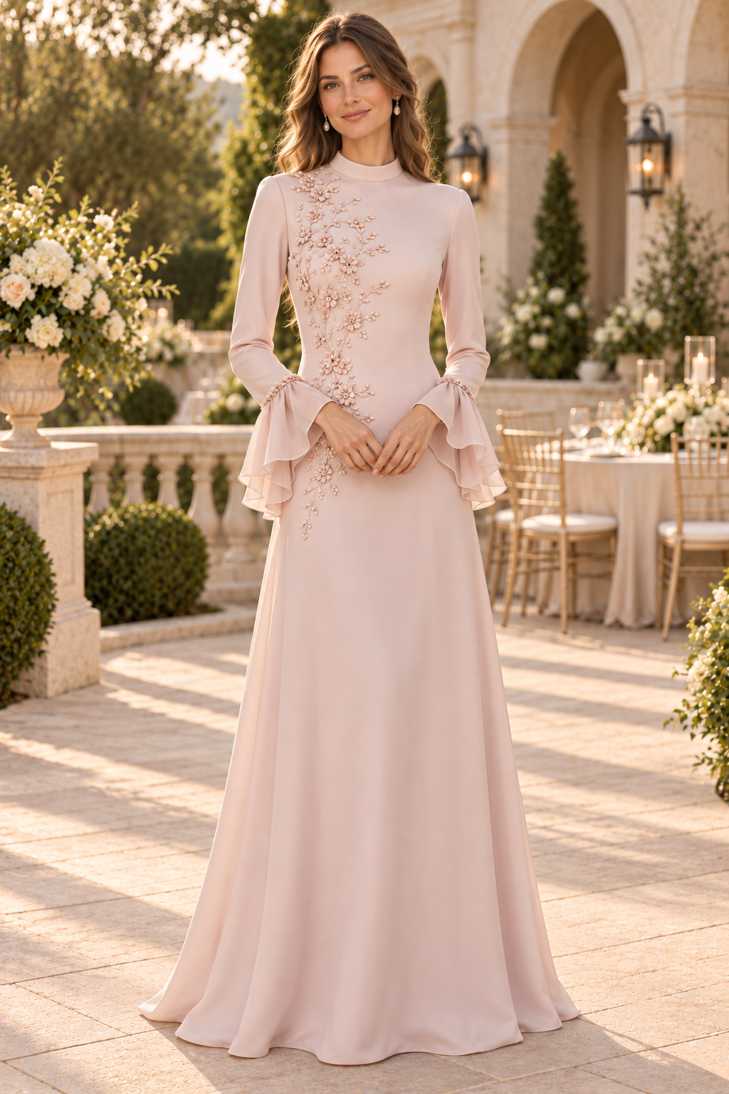 High-Neck Floral Appliqué Gown with Ruffle Sleeves