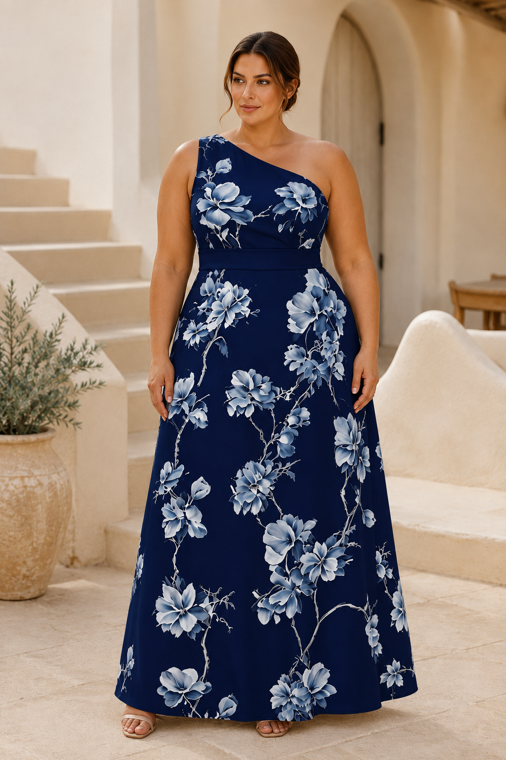 Blumenbedrucktes One-Shoulder A-Linien Maxikleid