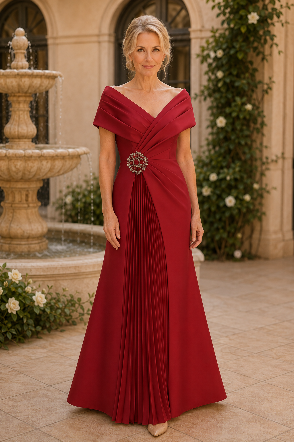 Plissiertes Off-Shoulder-Kleid mit Brosche