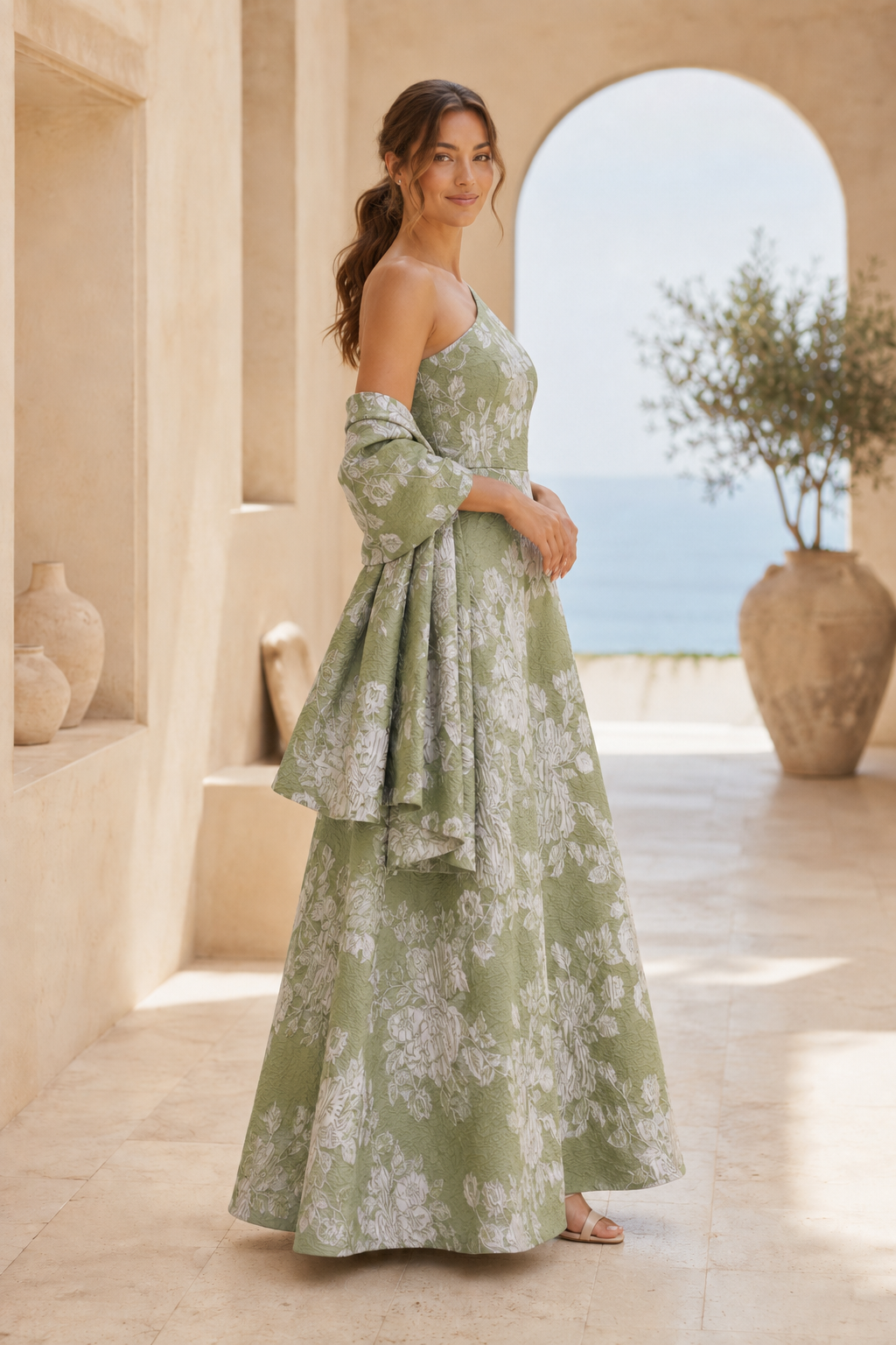 Ein-Schulter-A-Linien-Kleid aus geblümtem Jacquard mit passendem Schal