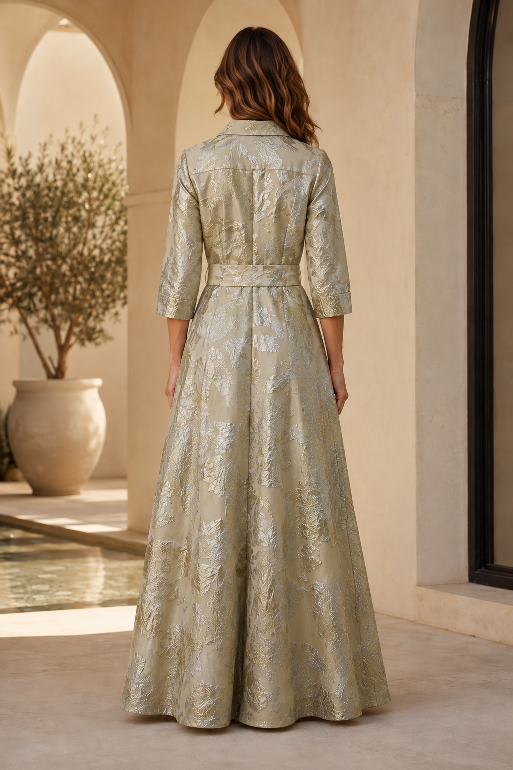 Metallic-Blumen-Jacquard-Hemdblusenkleid mit Gürtel in der Taille