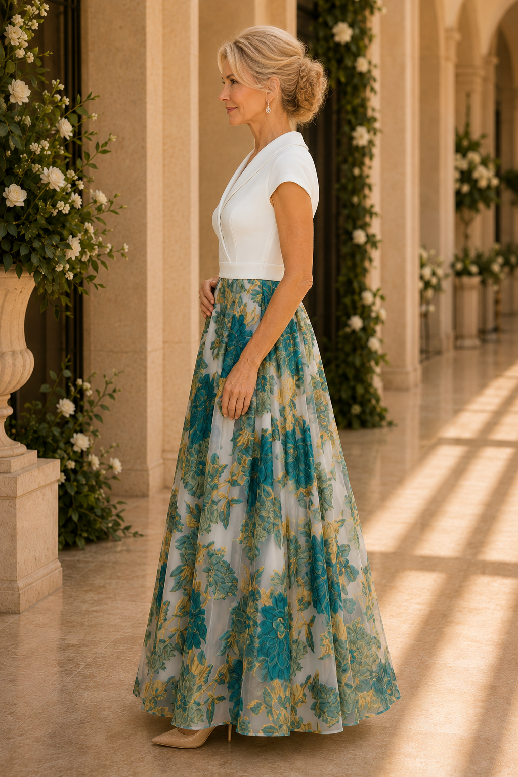 Gekräuseltes V-Ausschnitt A-Linien-Kleid mit geblümtem Rock