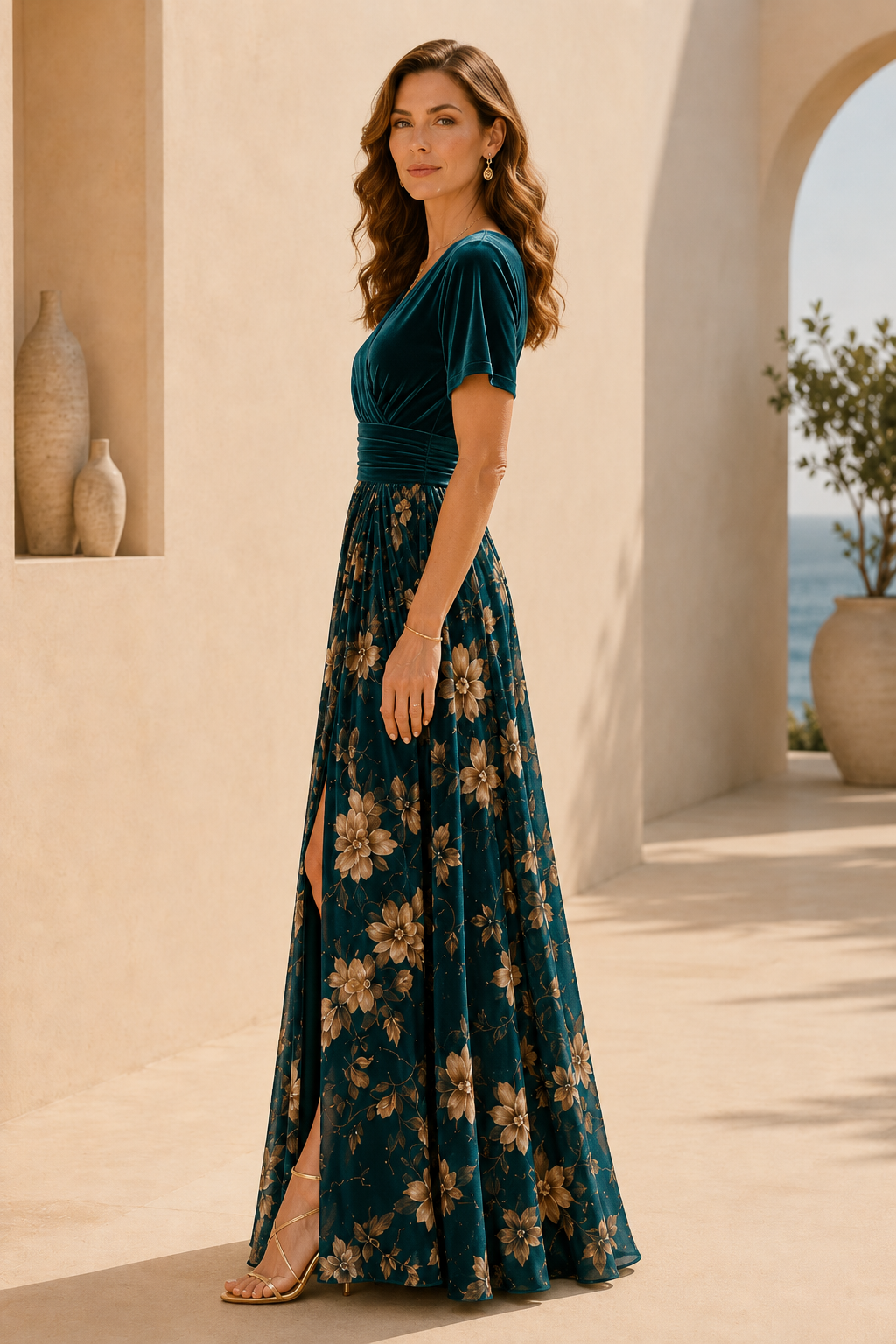 Maxikleid mit V-Ausschnitt, Blumendruck und Schlitz aus Samt