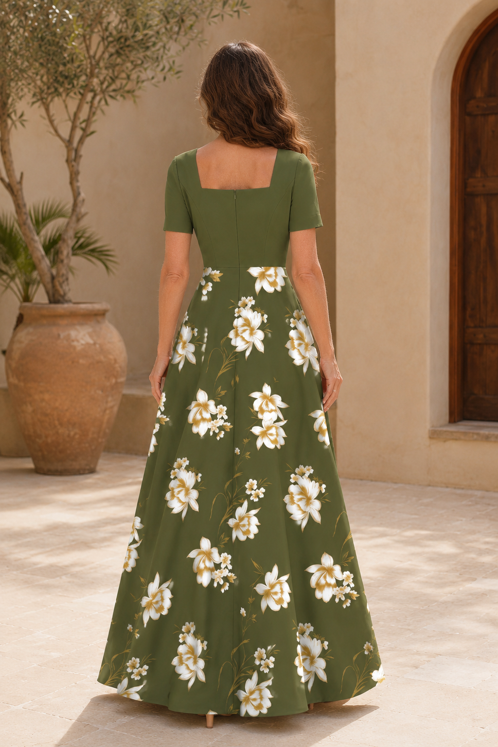 Elegantes A-Linien-Maxikleid mit quadratischem Ausschnitt und Blumenmuster