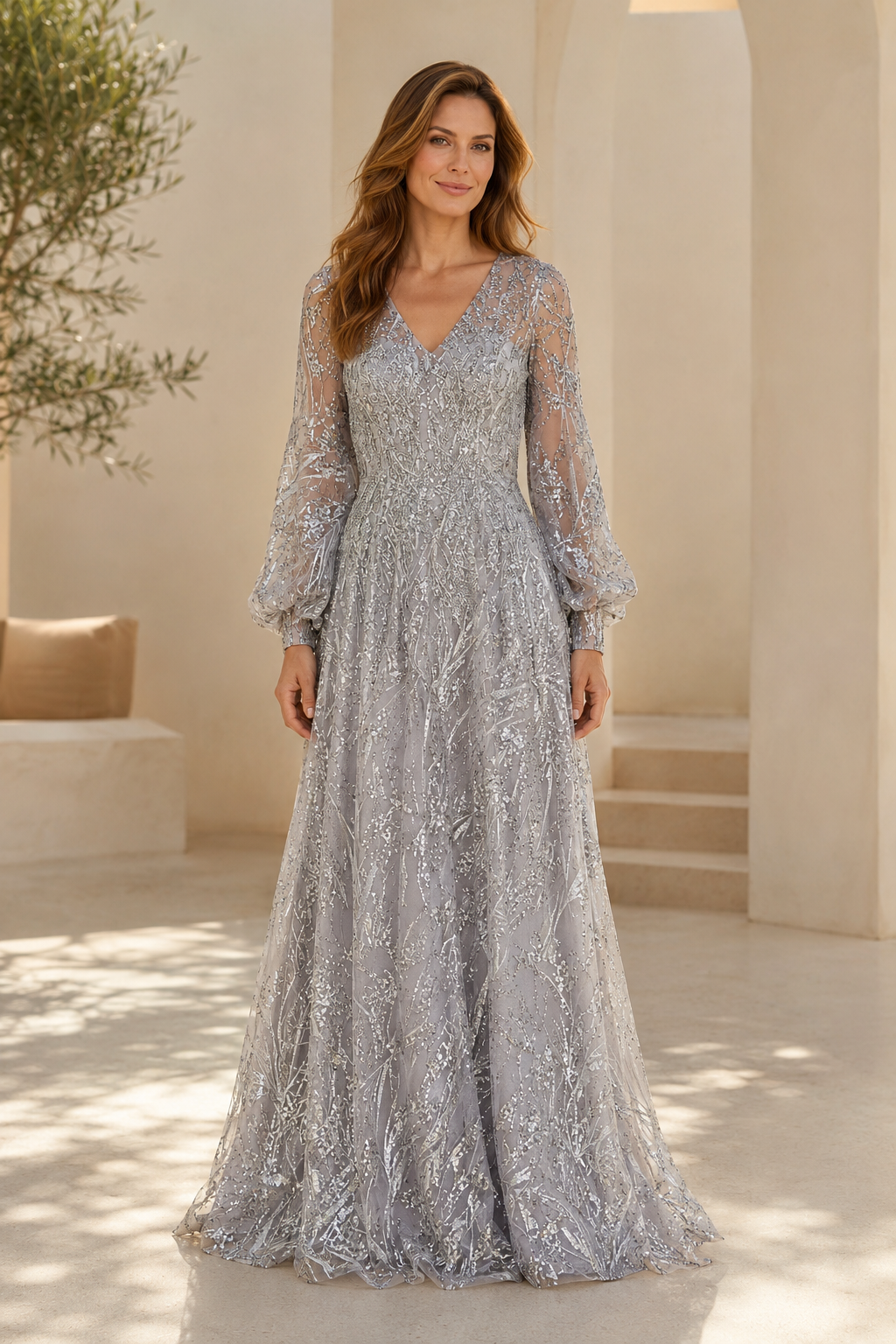Langarm-Abendkleid mit Illusionsausschnitt, Pailletten und A-Linie