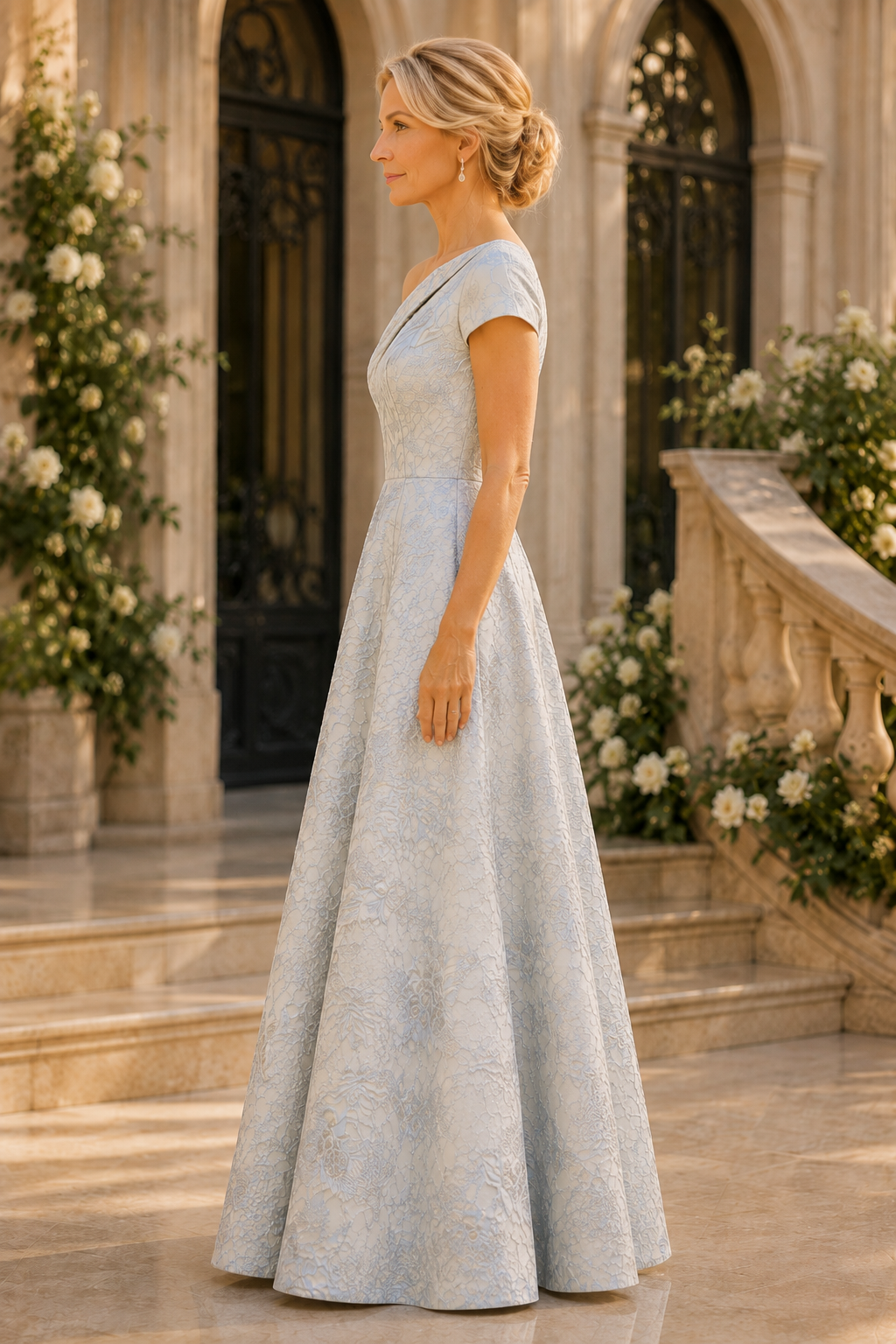 Blumenjacquard-A-Linien-Kleid mit einer Schulter