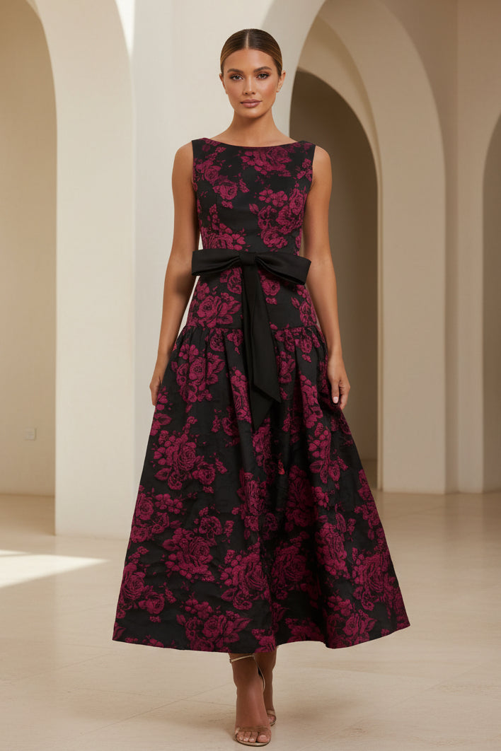 Ärmelloses Midi-Kleid aus floralem Jacquard mit Schleife
