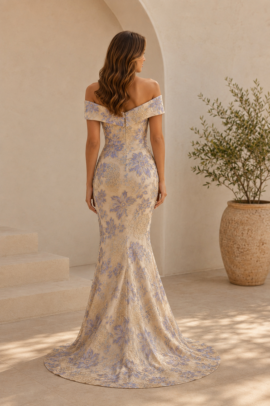 Off-Shoulder Jacquard-Abendkleid im Meerjungfrauen-Stil
