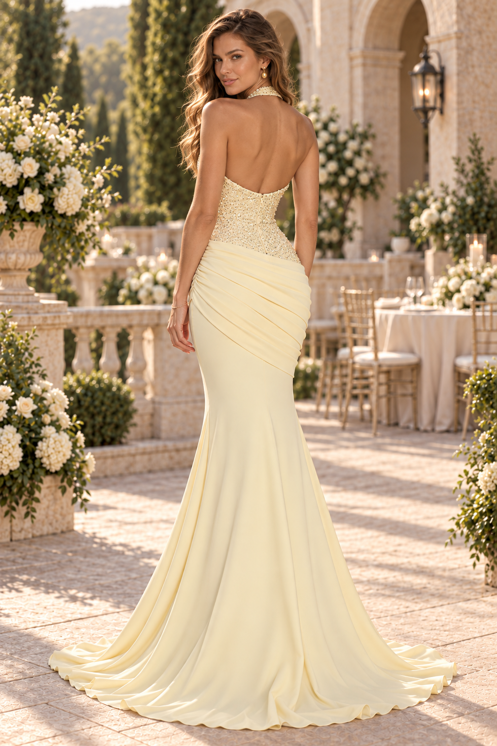 Halter Beaded Bodice Ruched Mermaid Gown