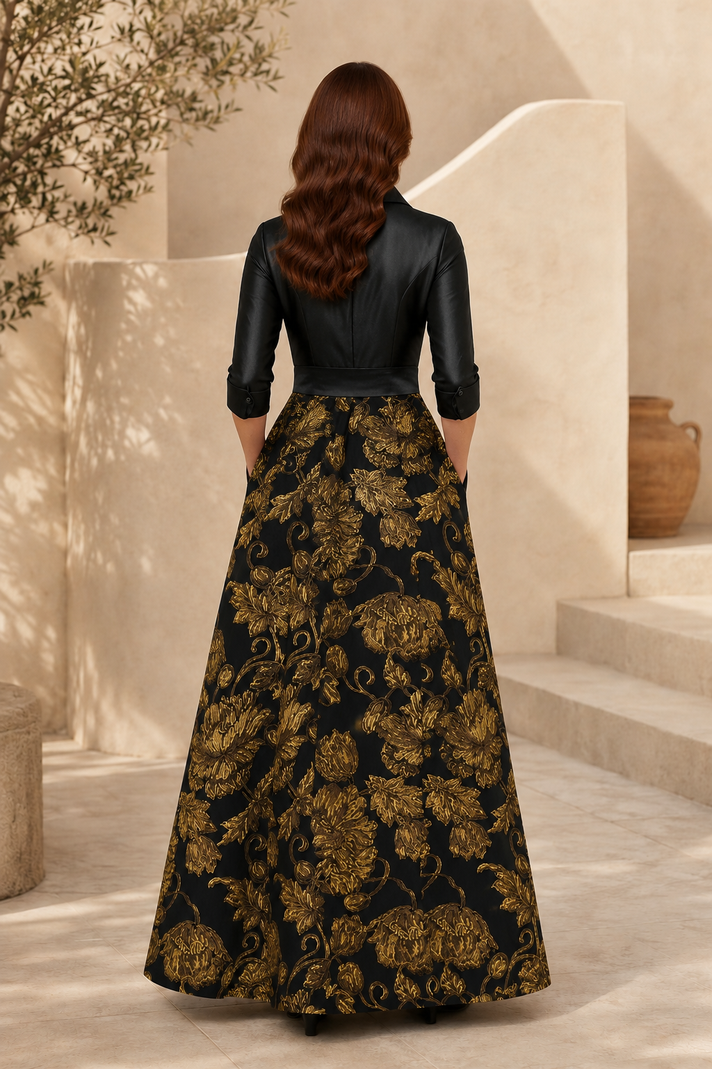 Abendkleid mit Satintop und Gold-Jacquard-Rock mit Blumenmuster