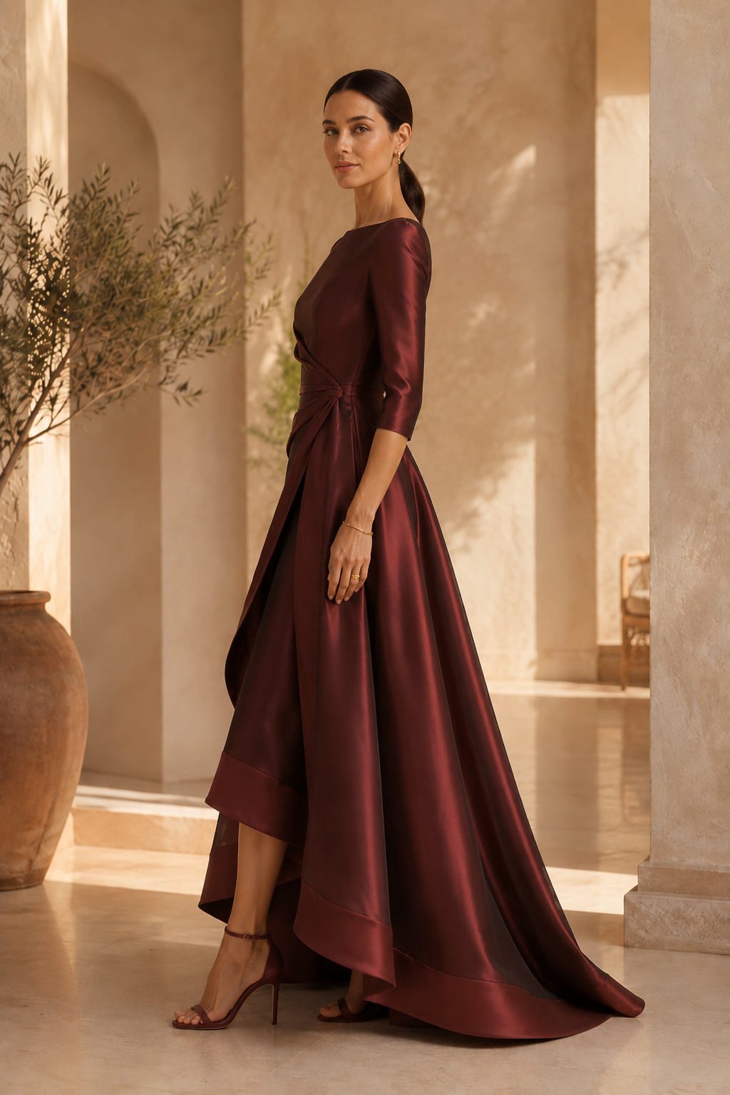 High-Low-Abendkleid mit Bateau-Ausschnitt und 3/4-Ärmeln
