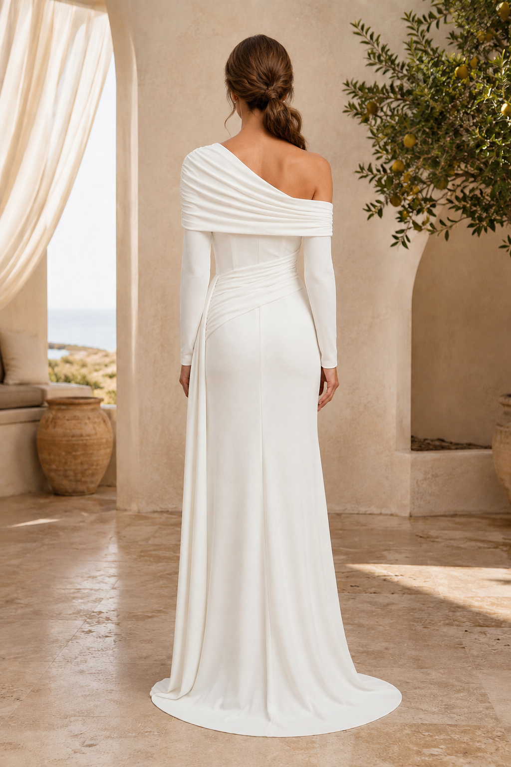 Ärmelloses Abendkleid mit Raffungen und One-Shoulder-Träger