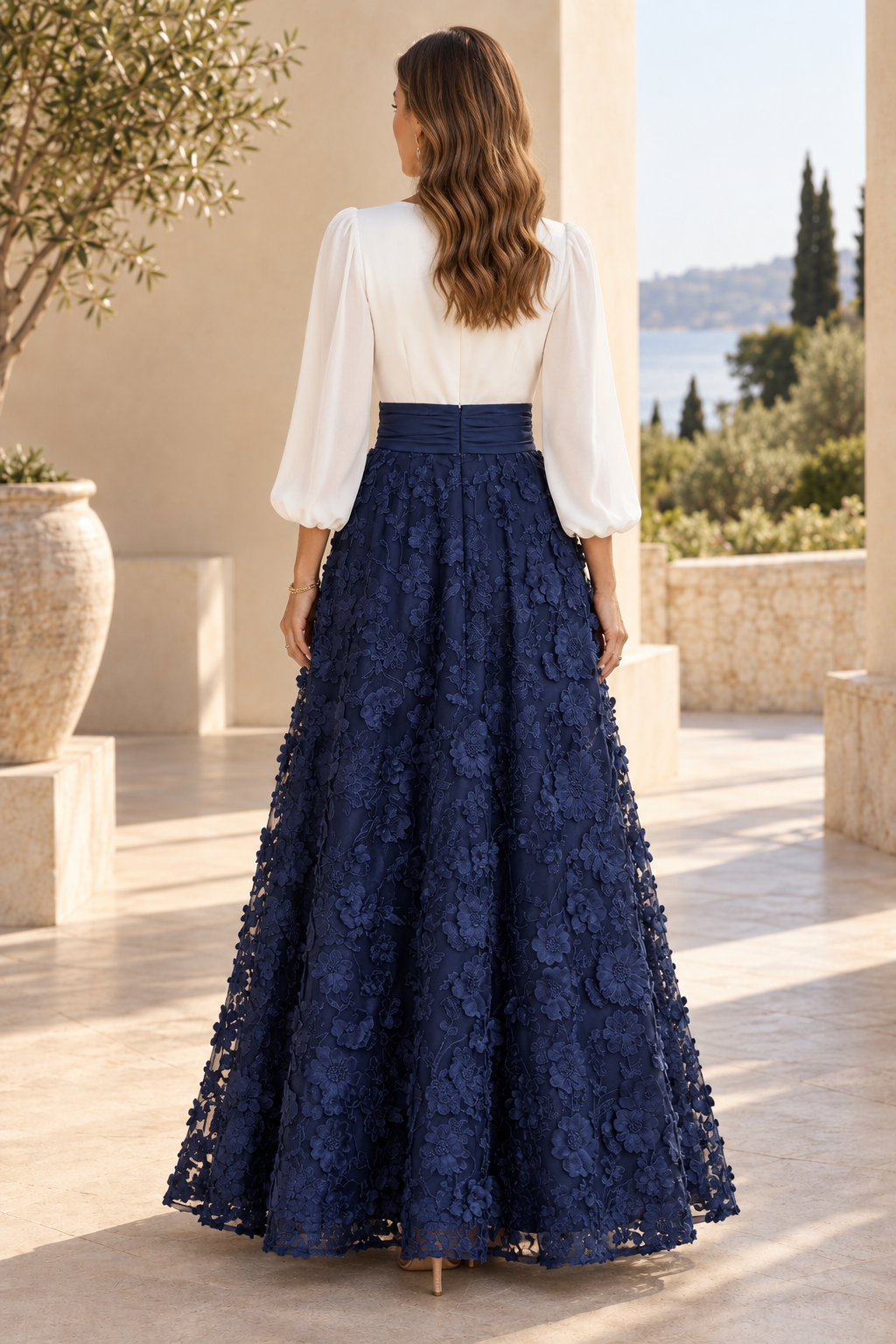 V-Neck Long Sleeve 3D Floral Applique Gown