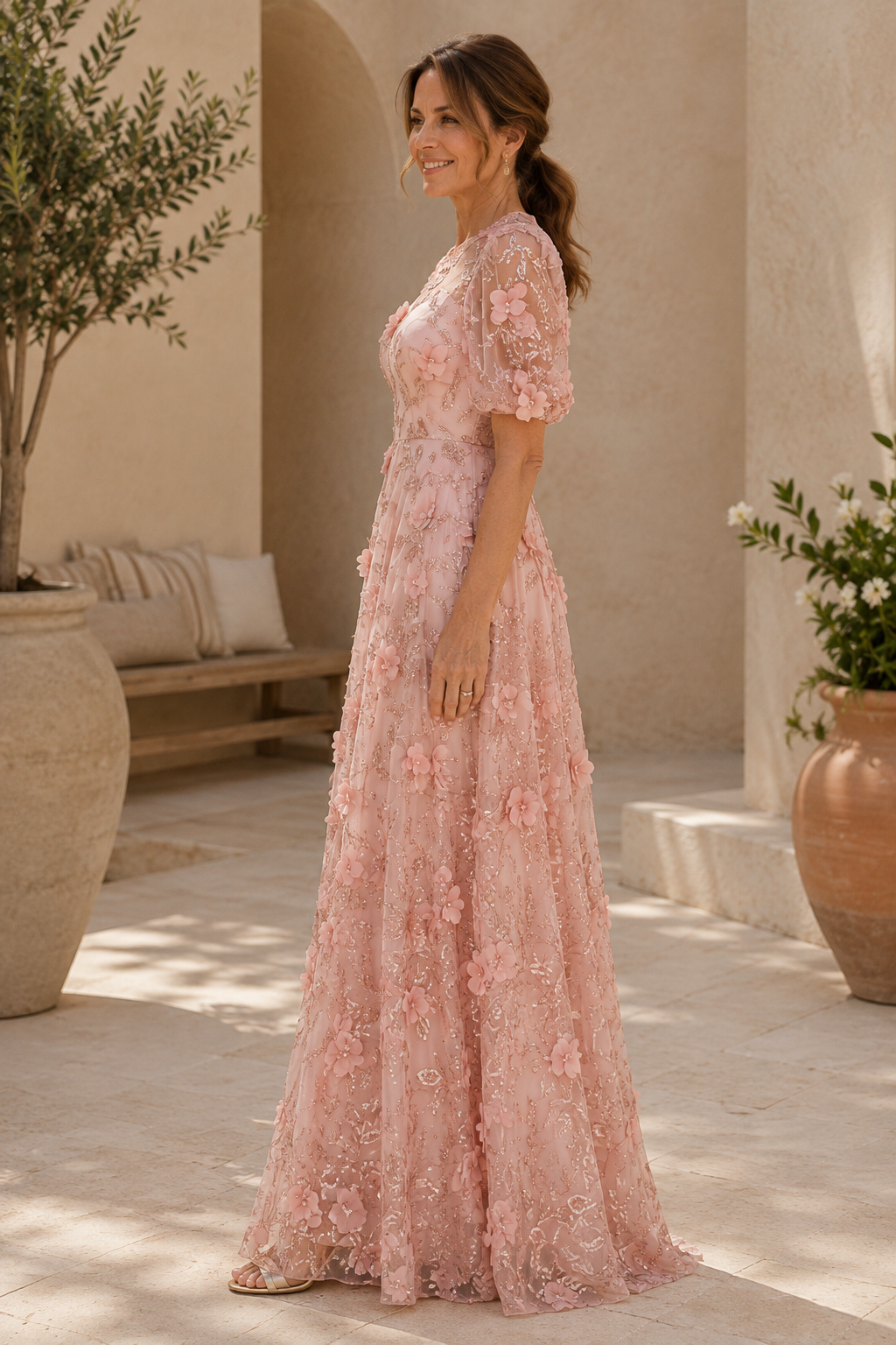 3D-Blumenapplikationen Puffärmel A-Linien-Kleid