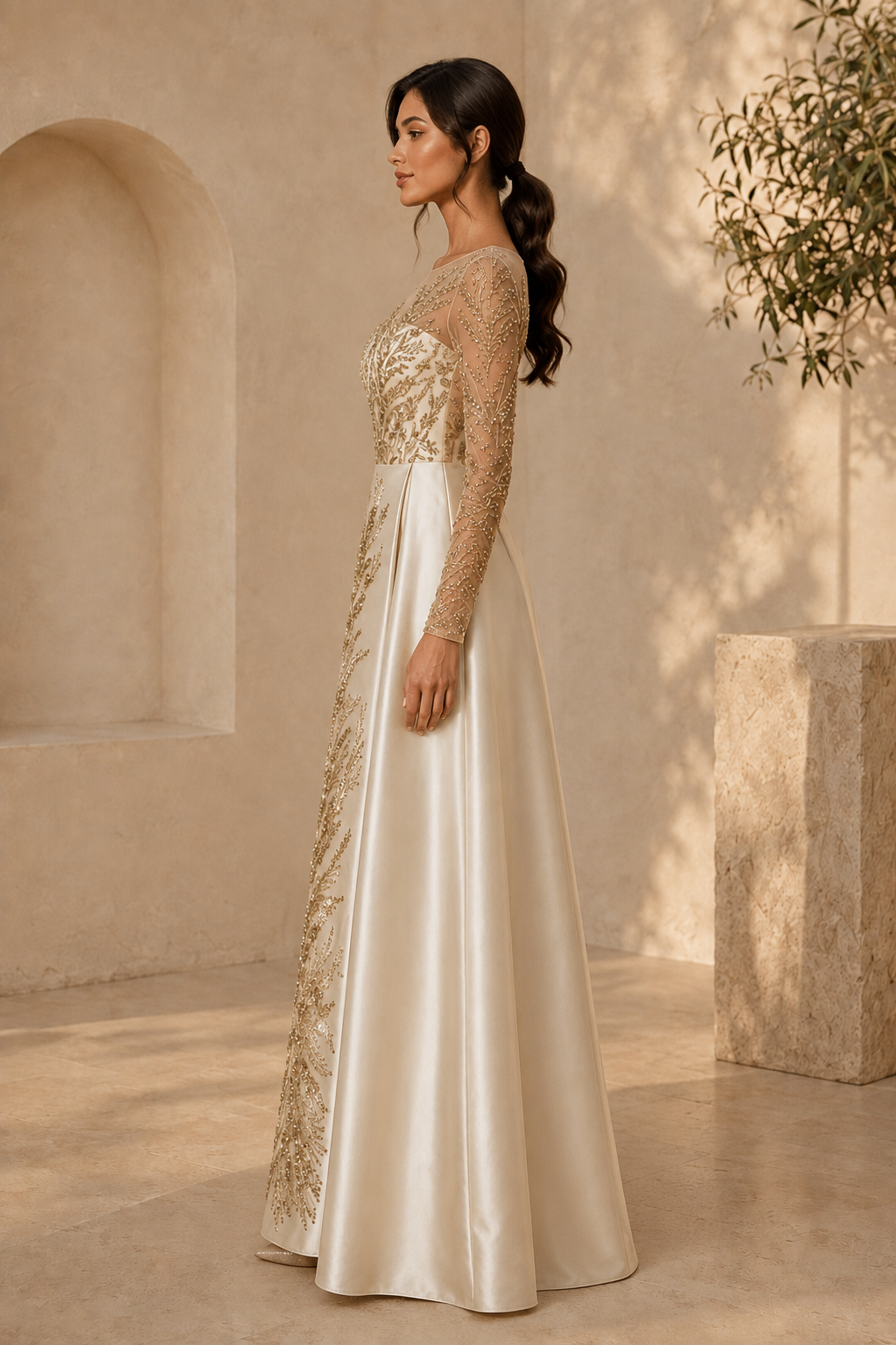 Paillettenbesetztes, langärmliges A-Linien-Abendkleid mit Illusionsausschnitt