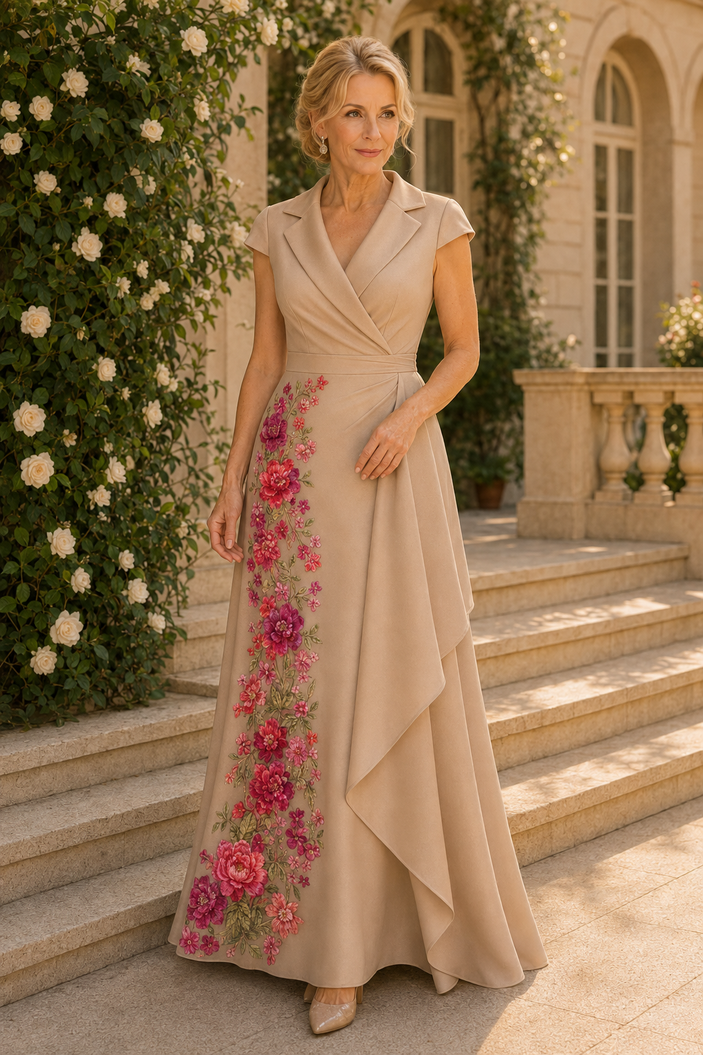 Blumenbesticktes Wickelkleid mit Revers und Wasserfallausschnitt