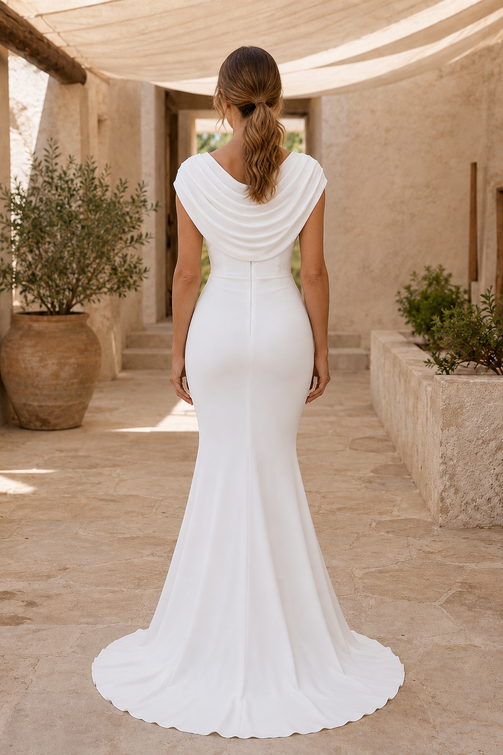 Meerjungfrauenkleid mit Wasserfallausschnitt, Raffungen und Schleppe