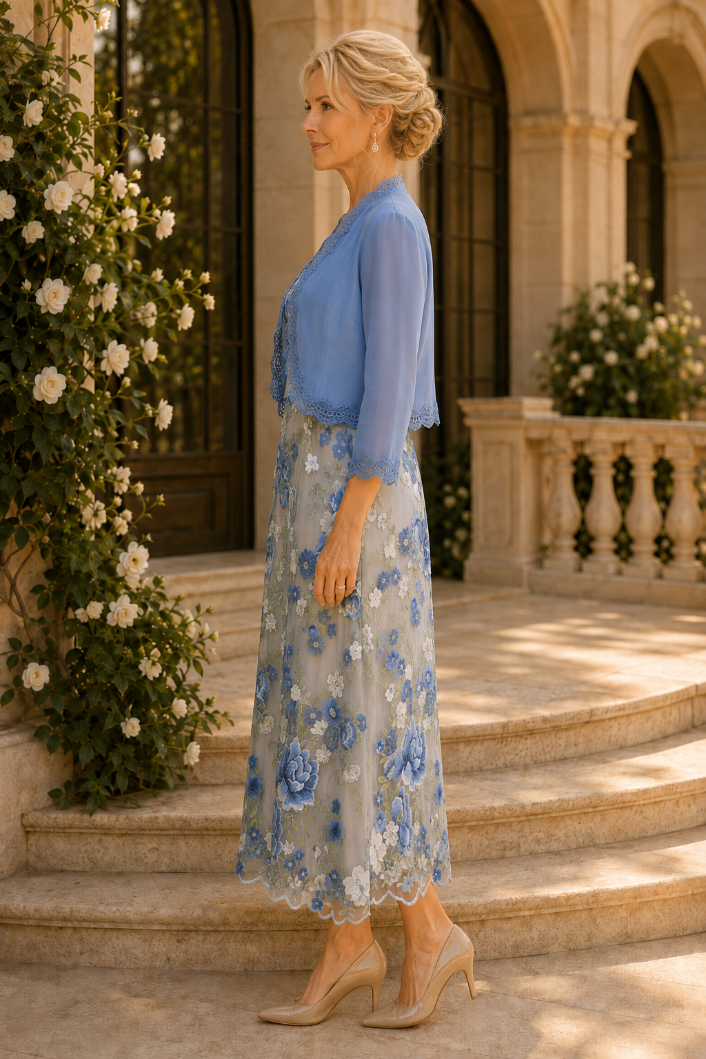 Blumenbesticktes Teelanges Kleid mit Bolero