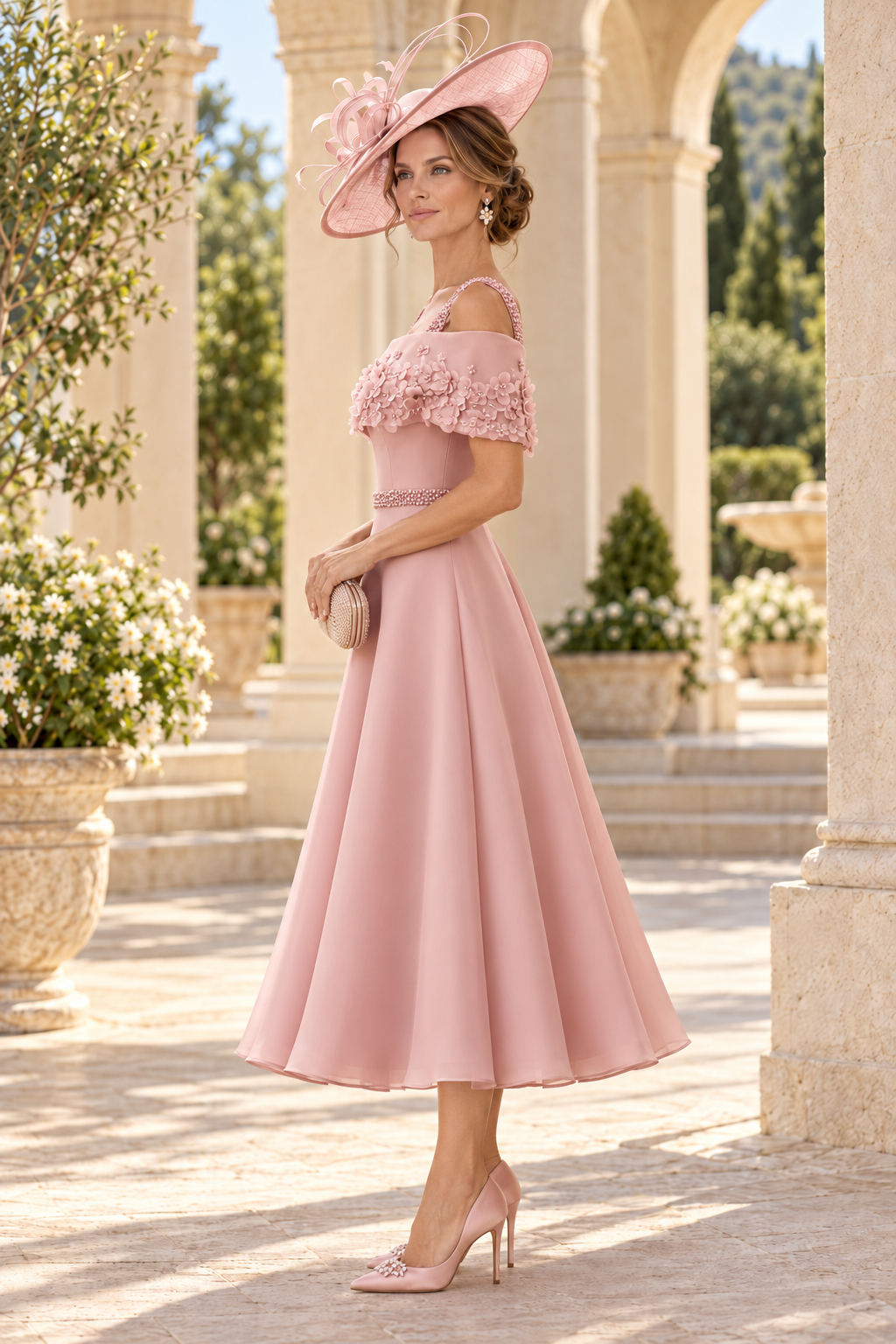Floral Applique Cold-Shoulder Tea-Length Dress