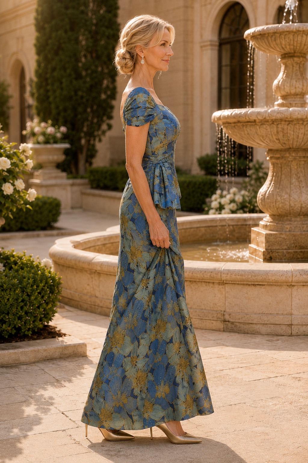Geblümtes Jacquard-Kleid mit Schößchen
