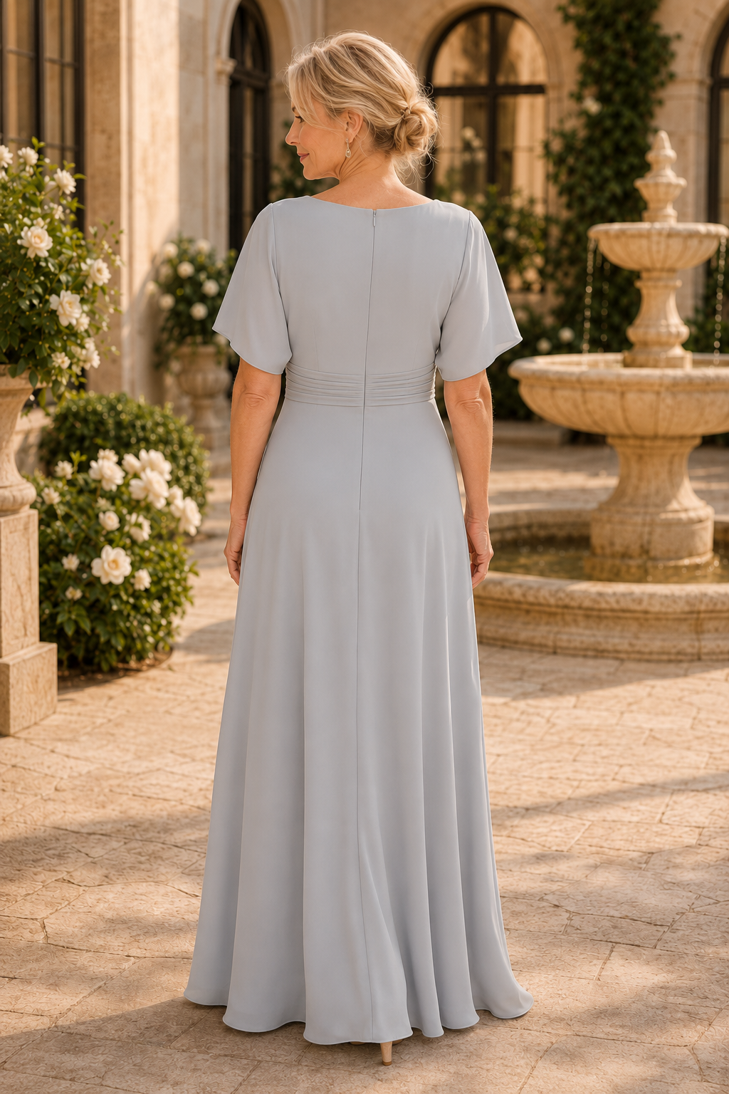 Maxikleid mit flatternden Ärmeln, Falten in der Taille und A-Linie