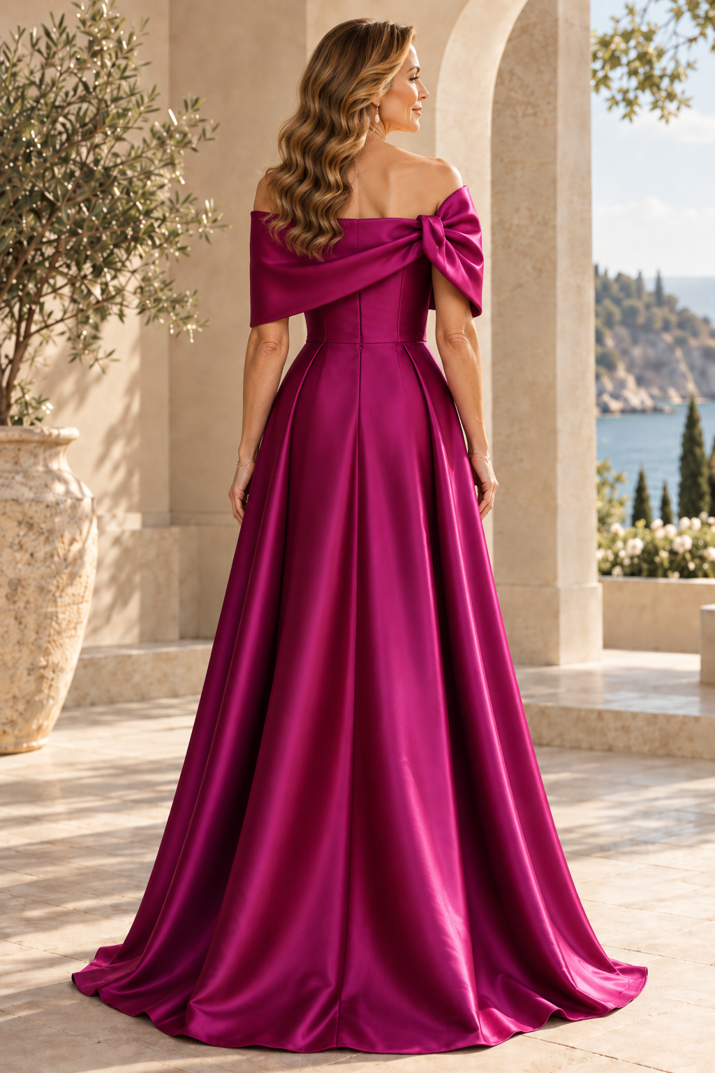 Off-the-Shoulder Bow A-Line Gown with Slit