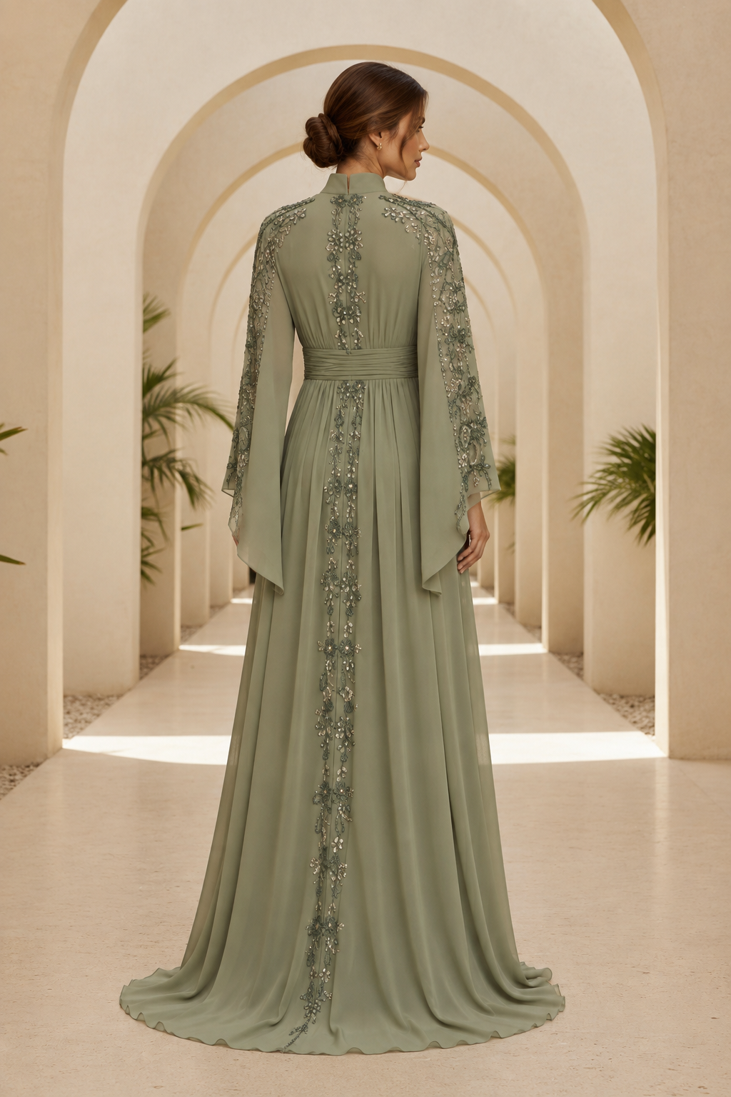 Verzierte hochgeschlossene Glockenärmel Chiffon-Abendkleid