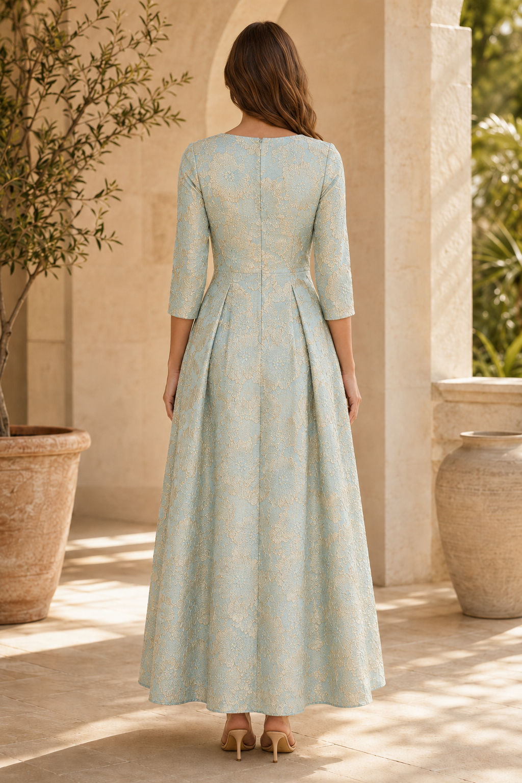 Bateau-Ausschnitt 3/4-Arm Brokat A-Linien Maxikleid