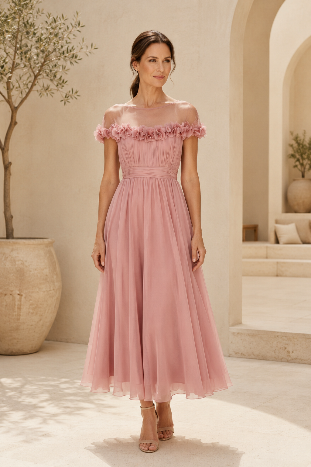 Midi-Chiffonkleid mit Illusion-Ausschnitt und 3D-Blumenborte