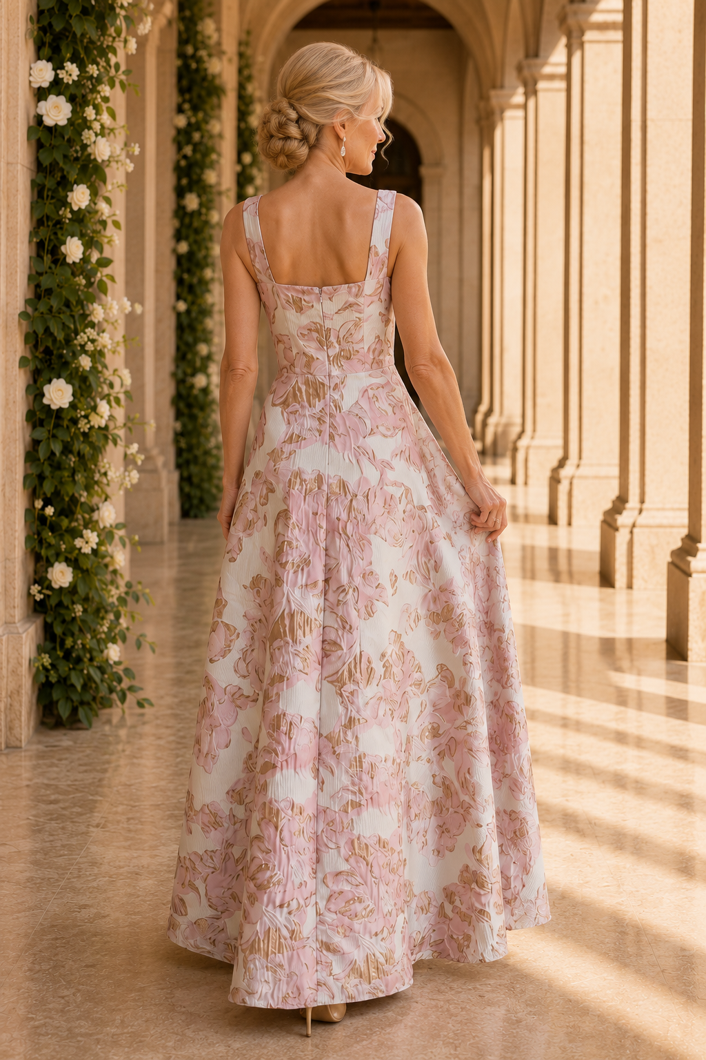 Geblümtes Jacquard-Kleid mit seitlicher Kaskadenrüsche