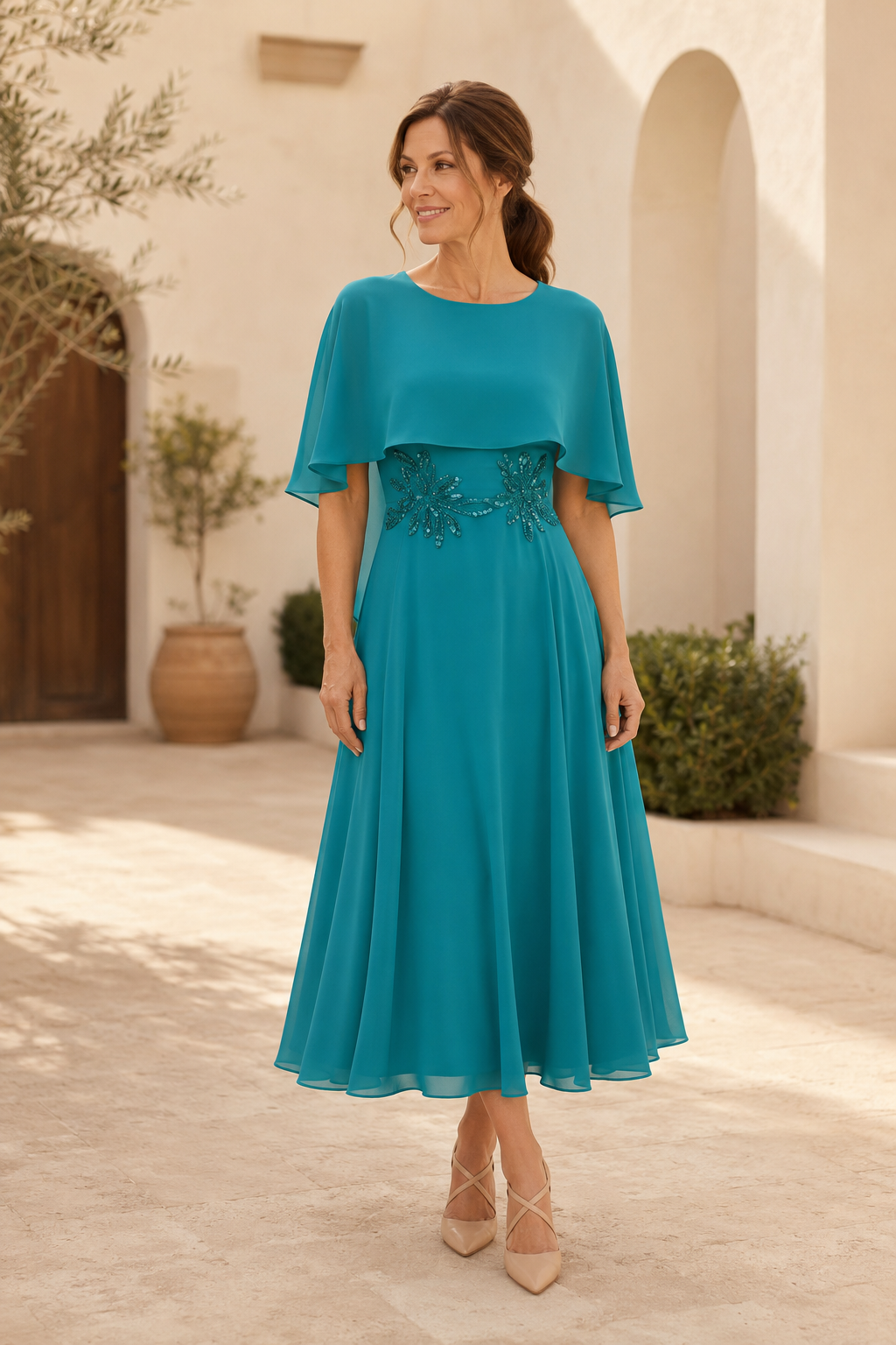 A-Linien Chiffon-Cape Midikleid mit Perlenverzierung an der Taille