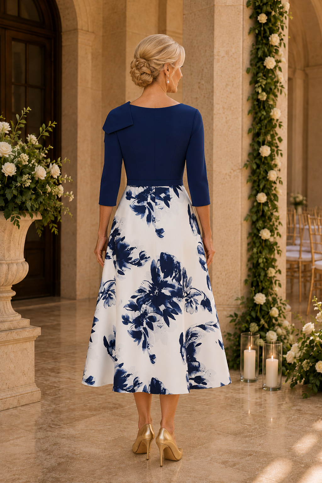 Asymmetrisches geblümtes A-Linien-Midikleid mit Schleife