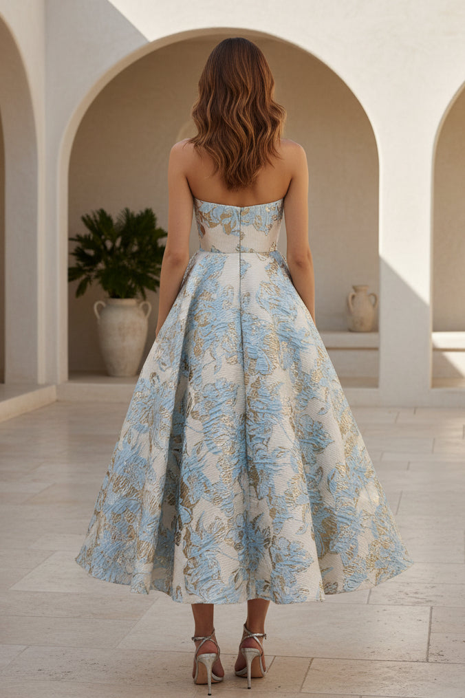 Trägerloses A-Linien-Midikleid aus metallischem Jacquard