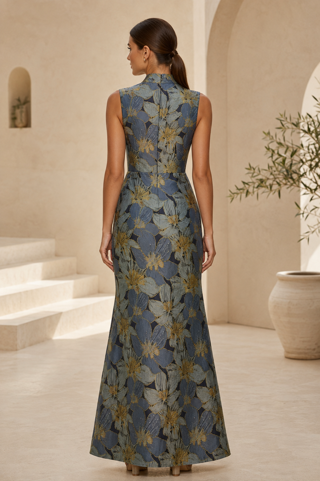 Blumen-Jacquard-Abendkleid ärmellos mit Stehkragen und Schärpe