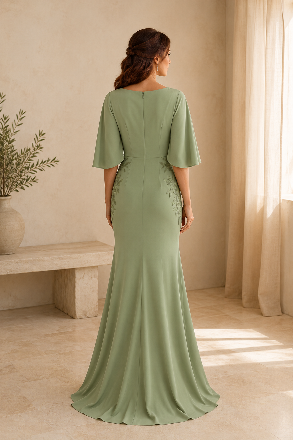 Meerjungfrau-Abendkleid mit Flatterärmeln und Rankenstickerei