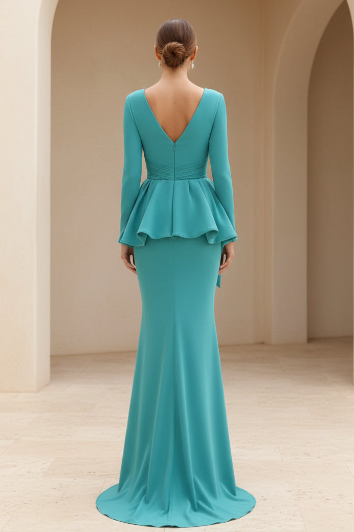 V-Ausschnitt Langarm Peplum Meerjungfrauen-Abendkleid