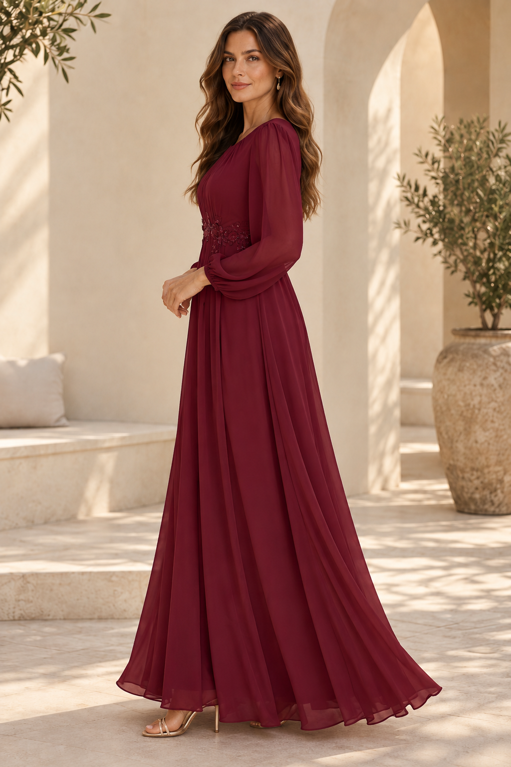 Long Sleeve Chiffon Maxi Dress with Floral Applique