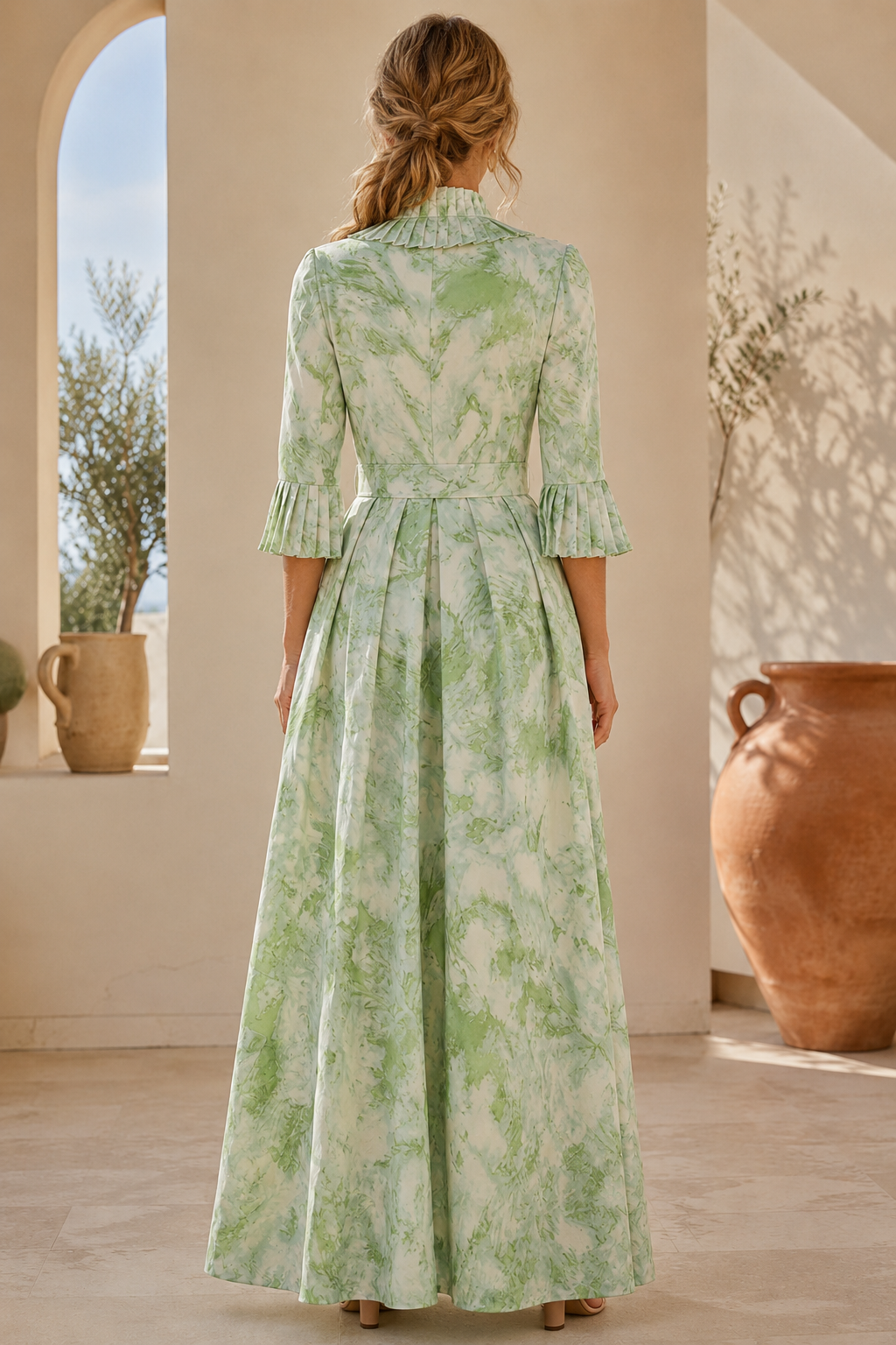Plissiertes Rüschen-Maxikleid mit V-Ausschnitt und Gürtel