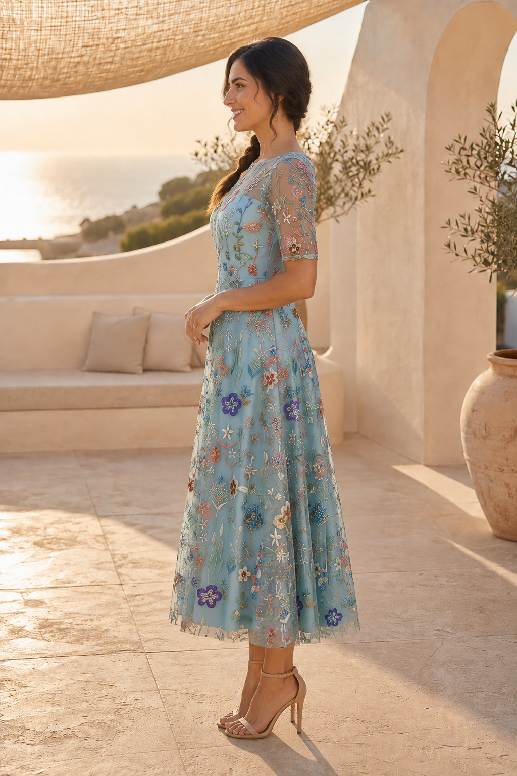 Florales, besticktes Midi-Kleid mit Illusionsausschnitt und kurzen Ärmeln
