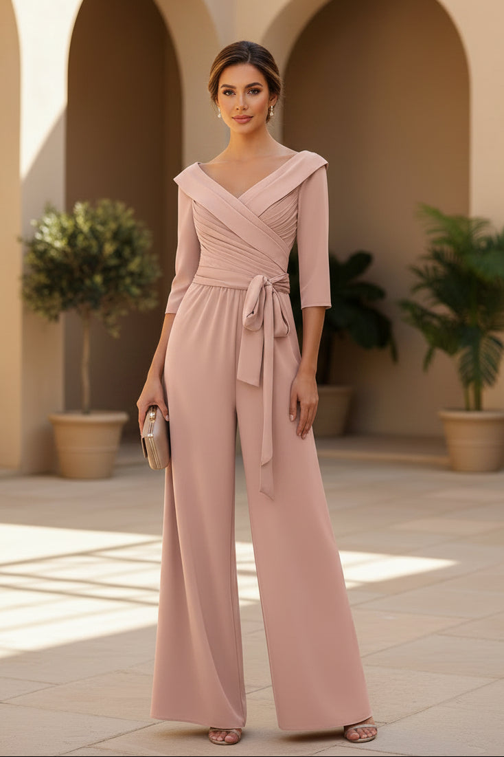 Jumpsuit mit weitem Bein, V-Ausschnitt, gerafftem Oberteil und Bindegürtel