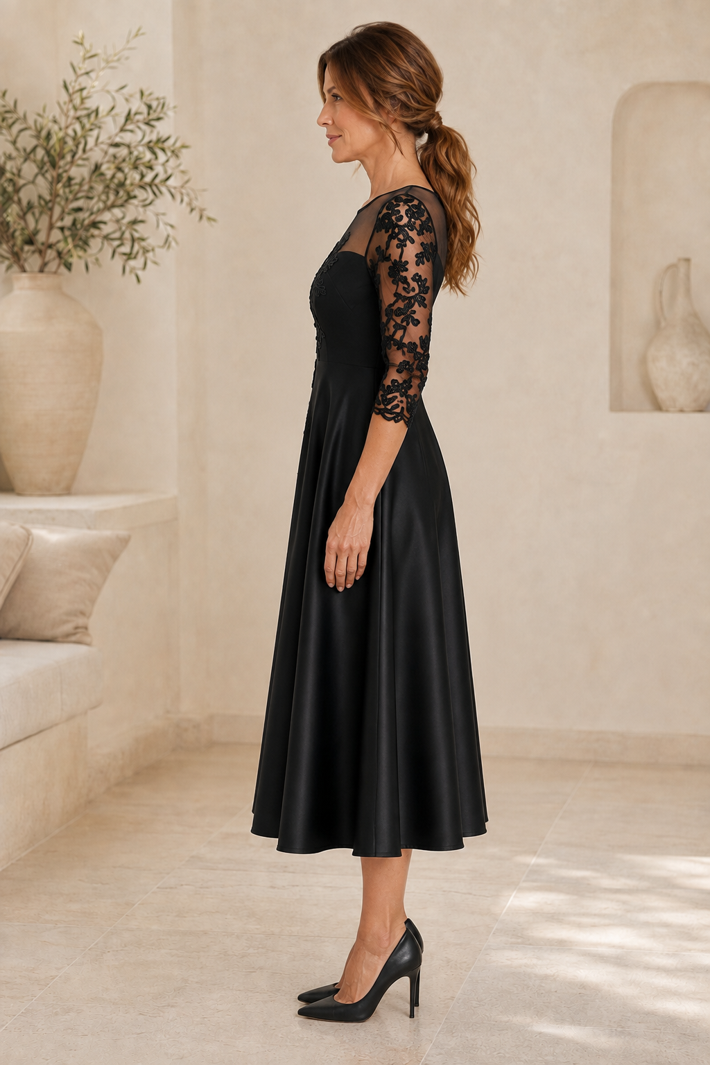 Midi-A-Linien-Kleid mit Illusionsausschnitt und Spitzenapplikationen