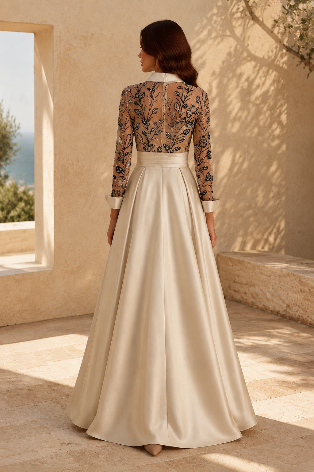 Perlenbesetztes A-Linien-Kleid mit Hemdkragen und 3D-Blumen an der Taille