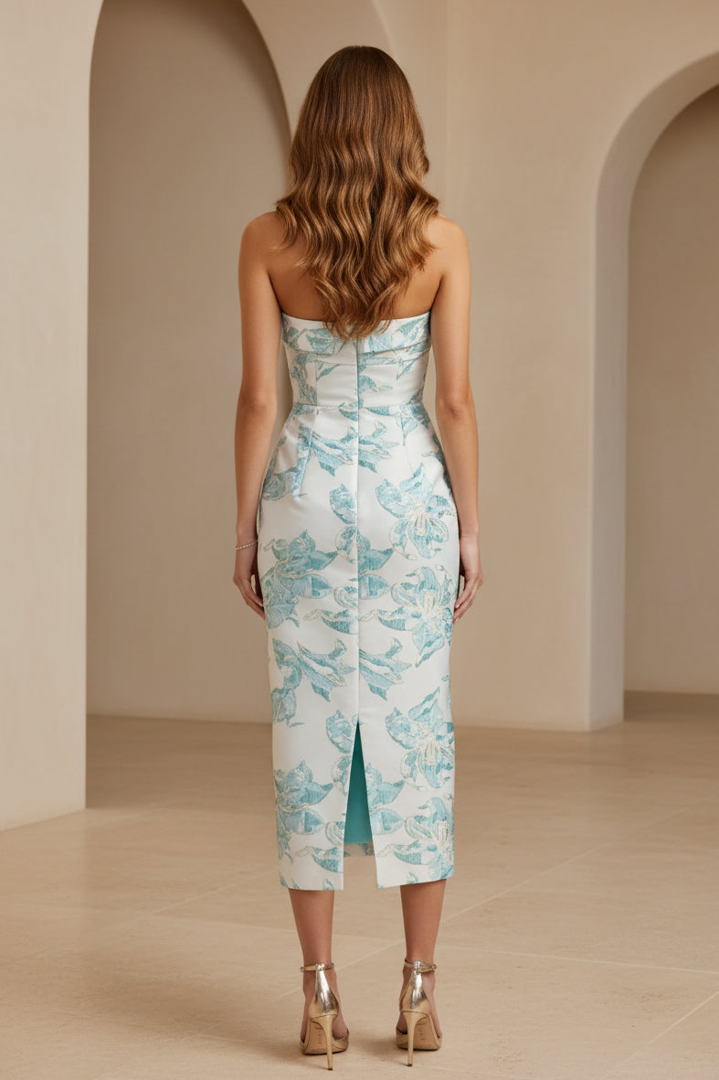 Trägerloses Midikleid mit Blumenmuster aus Jacquard