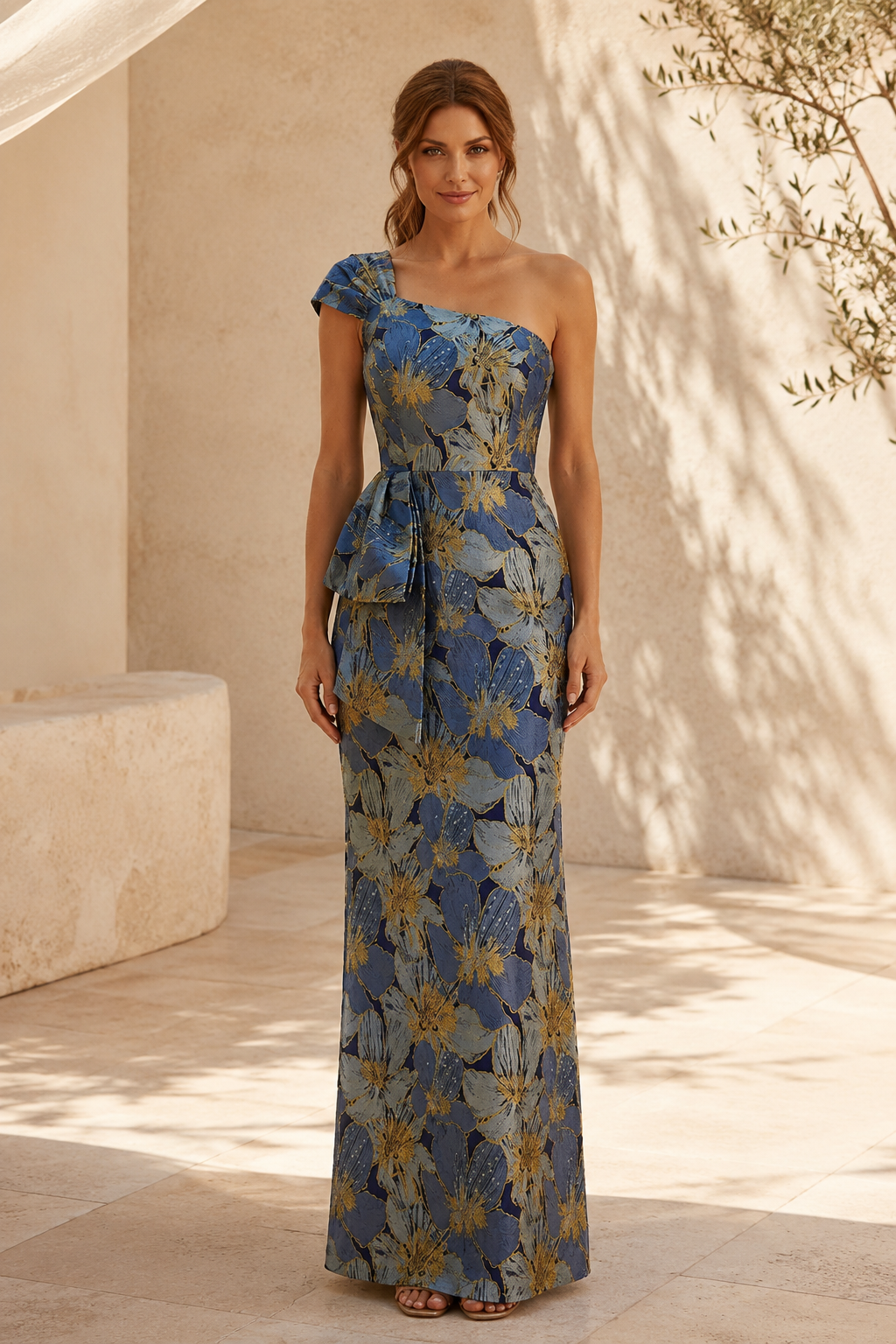 Blütenbesetztes Jacquard-Kleid mit One-Shoulder-Design und Taillenband