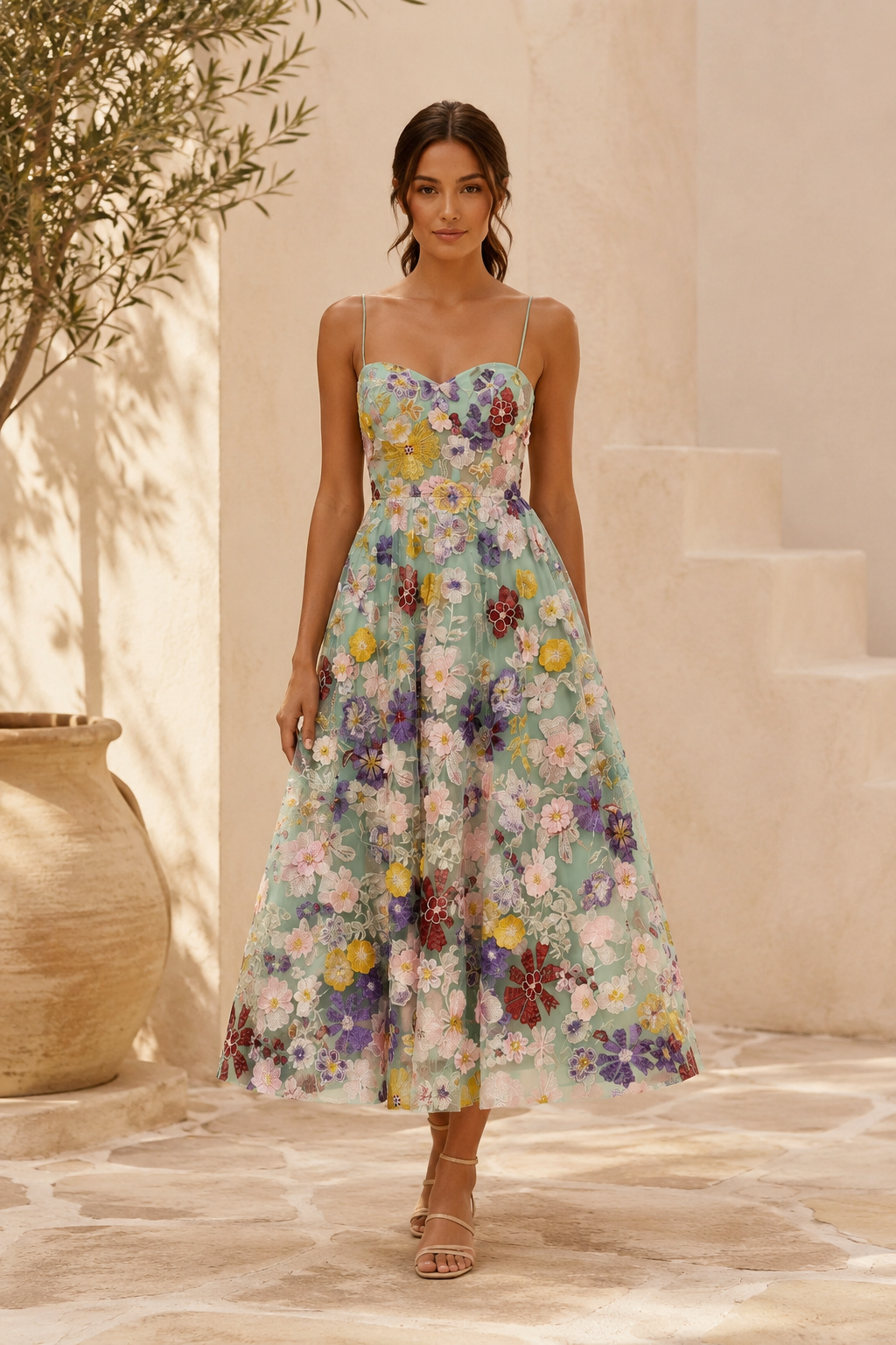 Blumenbesticktes Sweetheart-Midikleid